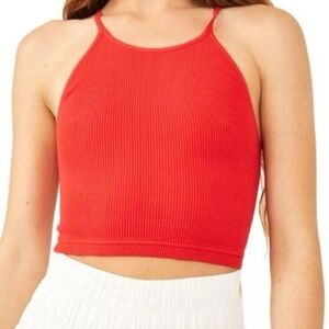 Free people happiness runs long Red Ribbed Tank Top M/L